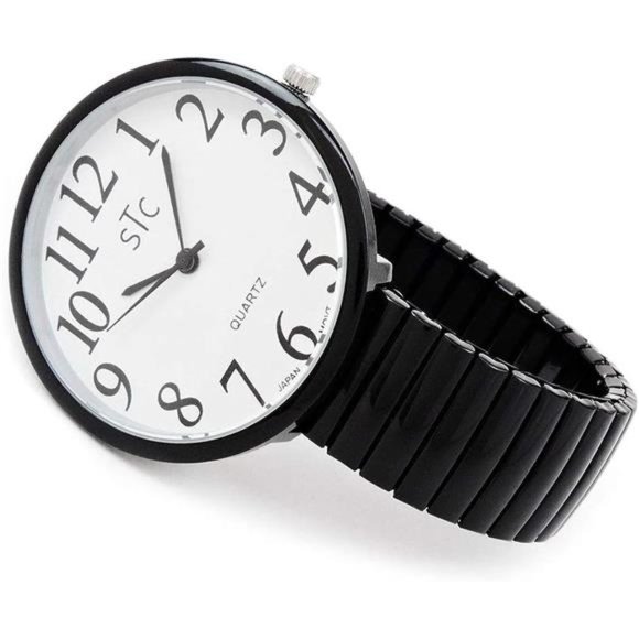 Black Super Large Face Stretch Band Easy to Read Watch - Picture 3 of 5